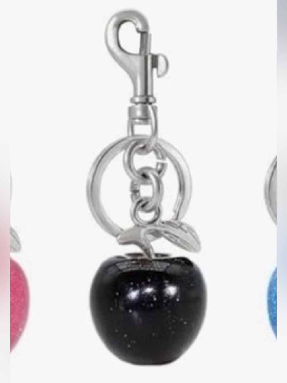 Apple Black glitter keychain or bag charm w/ silver hardware key ring / dog clip